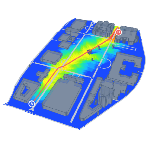 Journey route through an urban visual-exposure heatmap