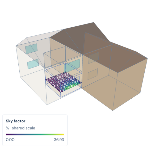 Transparent building geometry with an indoor sky-factor heatmap