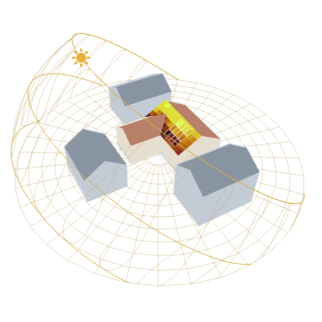 PV panels, neighbouring buildings and a Sun diagram